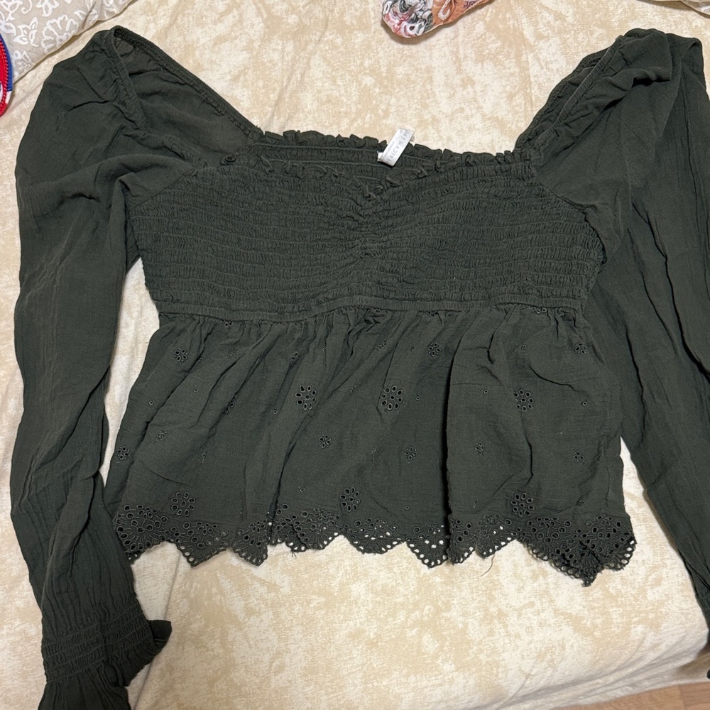 American Eagle Outfitters Dark Green Smocked Blouse